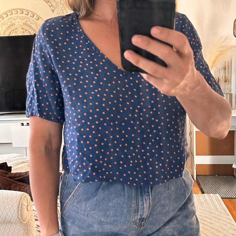 Ring Navy and Orange Polka Dot Blouse